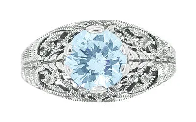 1.45 Carat Blue Topaz Promise Ring in Sterling Silver | Edwardian Filigree Dome Solitaire