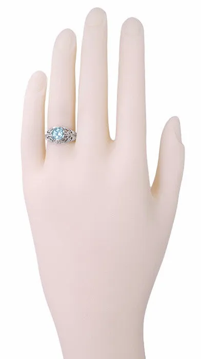 1.45 Carat Blue Topaz Promise Ring in Sterling Silver | Edwardian Filigree Dome Solitaire