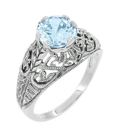 1.45 Carat Blue Topaz Promise Ring in Sterling Silver | Edwardian Filigree Dome Solitaire
