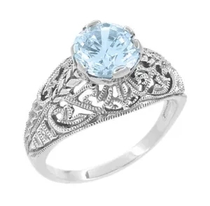 1.45 Carat Blue Topaz Promise Ring in Sterling Silver | Edwardian Filigree Dome Solitaire