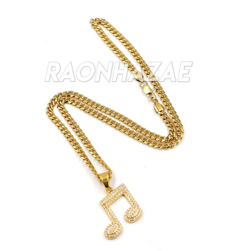 316L Solid Stainless Steel Hip Hop Musical Note Pendant w/ 5mm Miami Cuban Chain
