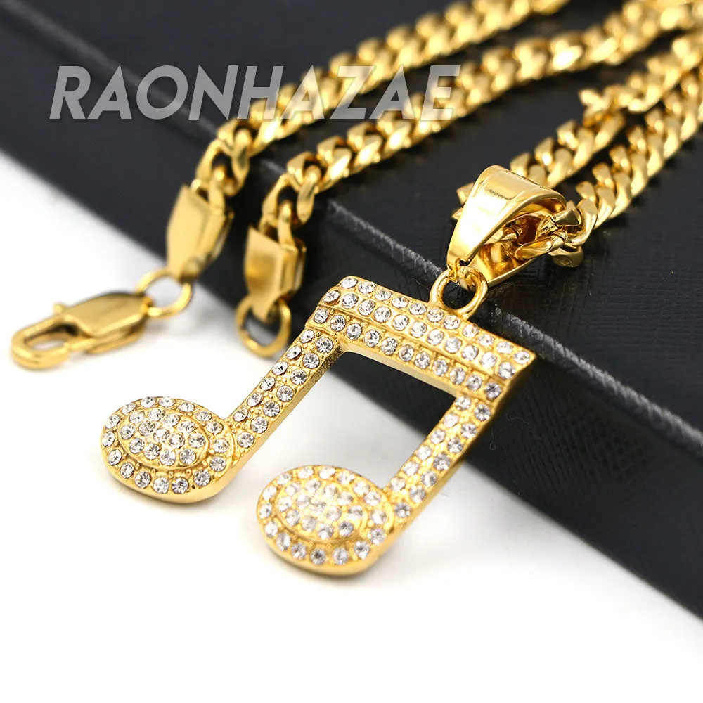316L Solid Stainless Steel Hip Hop Musical Note Pendant w/ 5mm Miami Cuban Chain