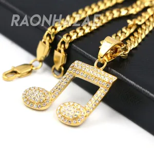 316L Solid Stainless Steel Hip Hop Musical Note Pendant w/ 5mm Miami Cuban Chain