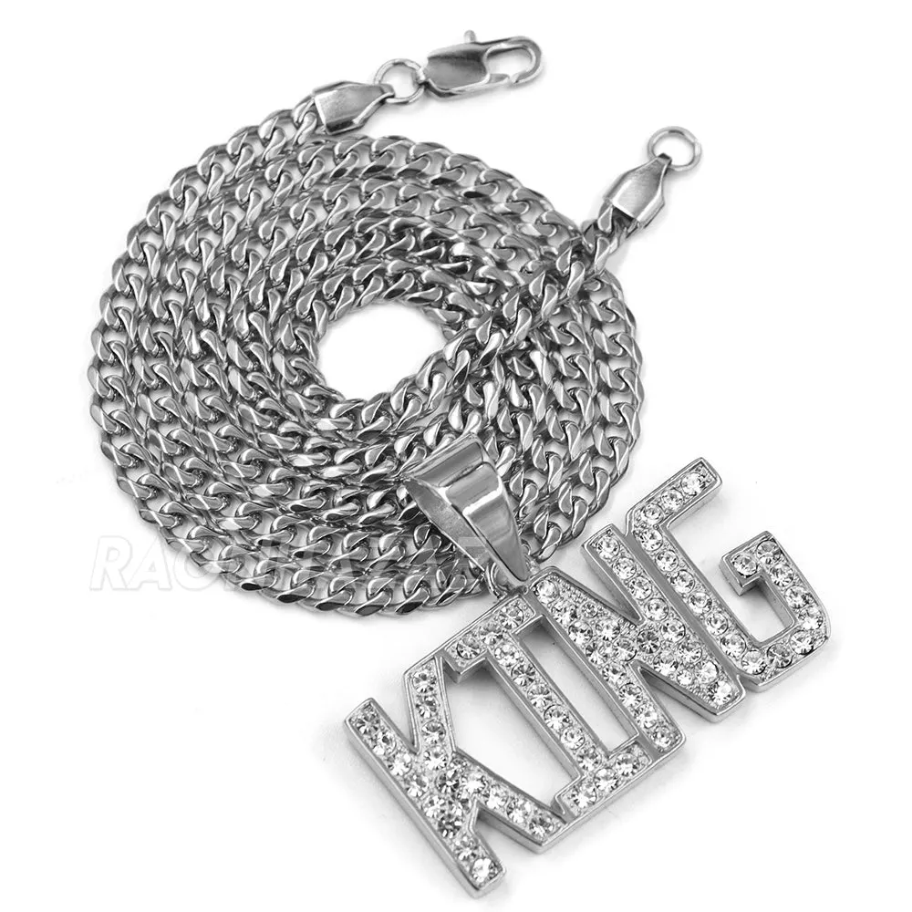 316L Stainless Blinged Out King Lettering Pendant w/ 4mm Miami Cuba Chain