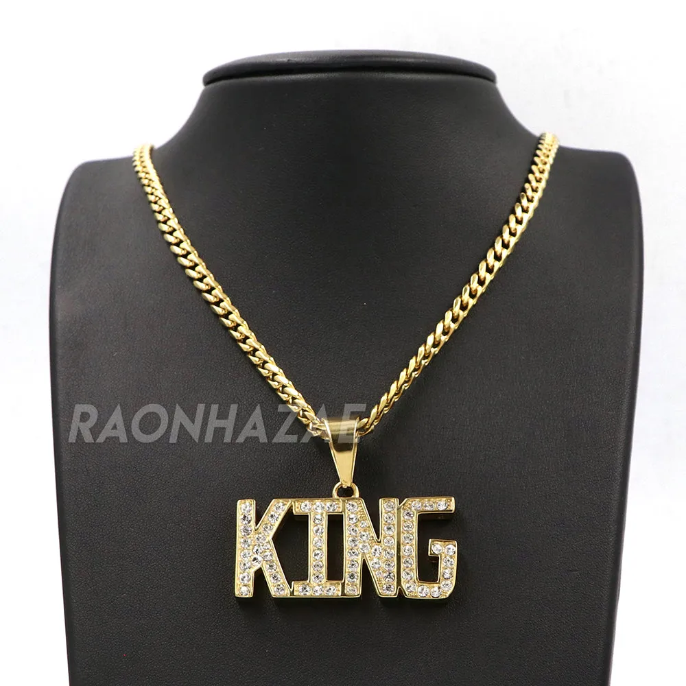316L Stainless Blinged Out King Lettering Pendant w/ 4mm Miami Cuba Chain