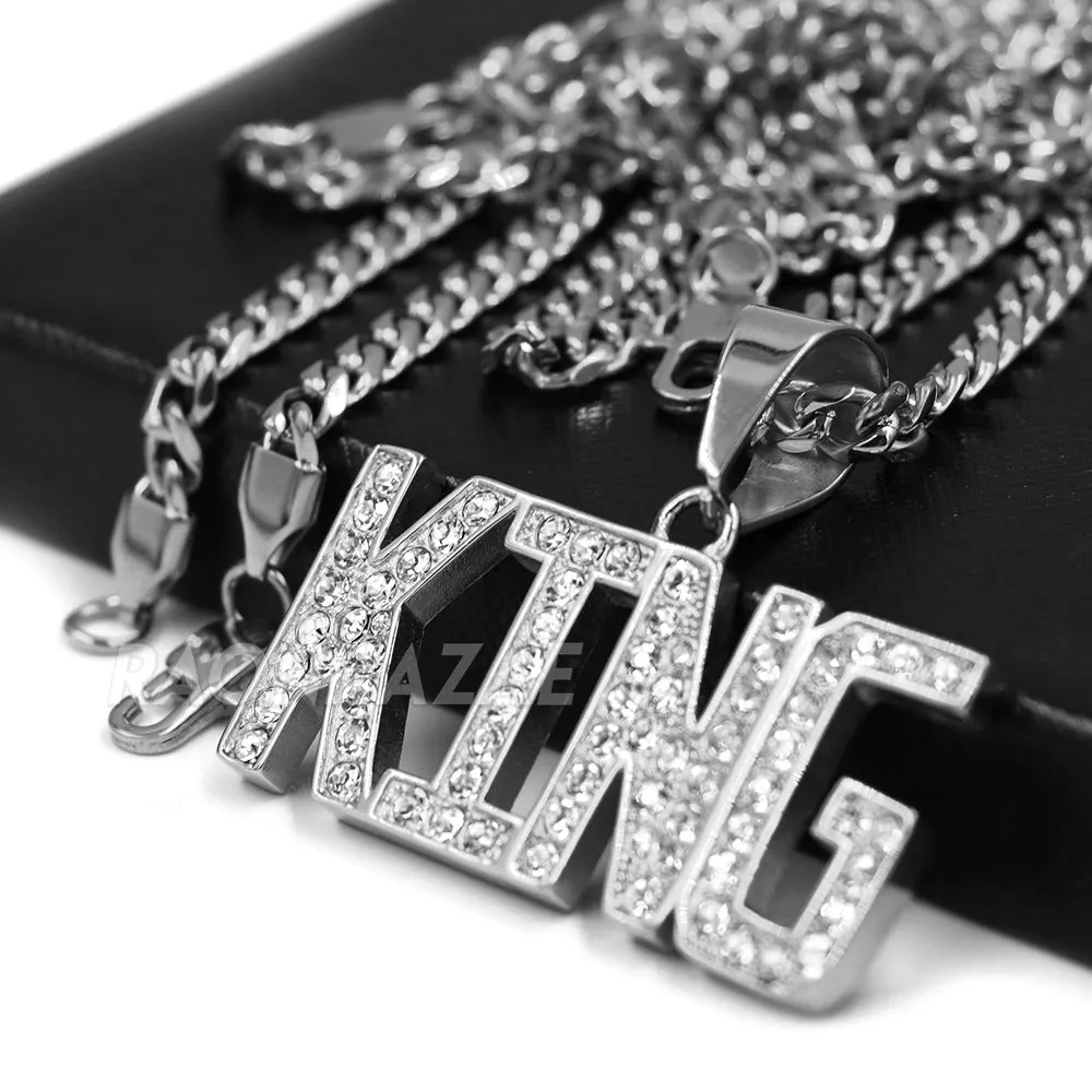 316L Stainless Blinged Out King Lettering Pendant w/ 4mm Miami Cuba Chain