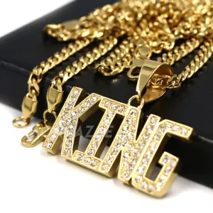 316L Stainless Blinged Out King Lettering Pendant w/ 4mm Miami Cuba Chain