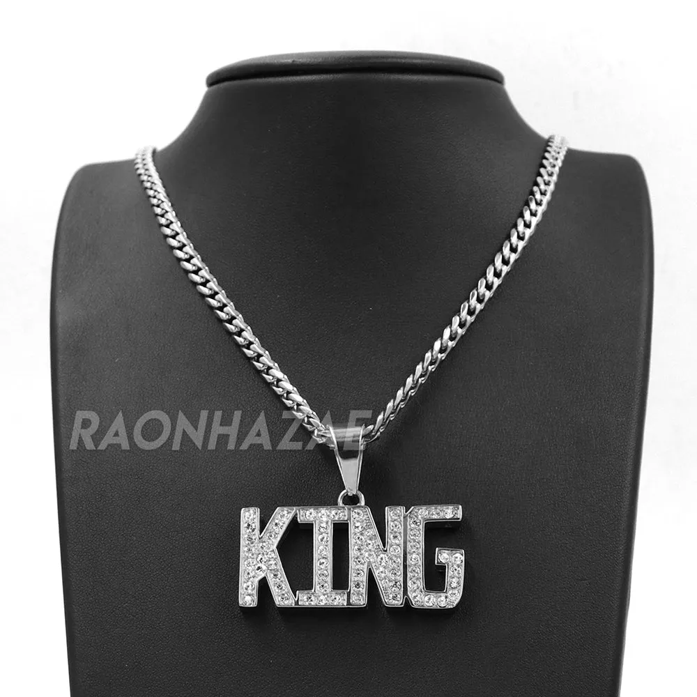 316L Stainless Blinged Out King Lettering Pendant w/ 4mm Miami Cuba Chain