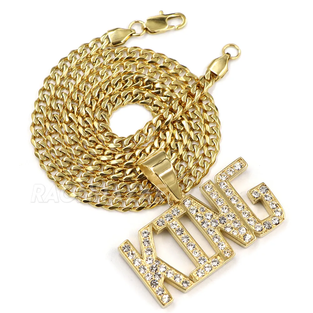 316L Stainless Blinged Out King Lettering Pendant w/ 4mm Miami Cuba Chain