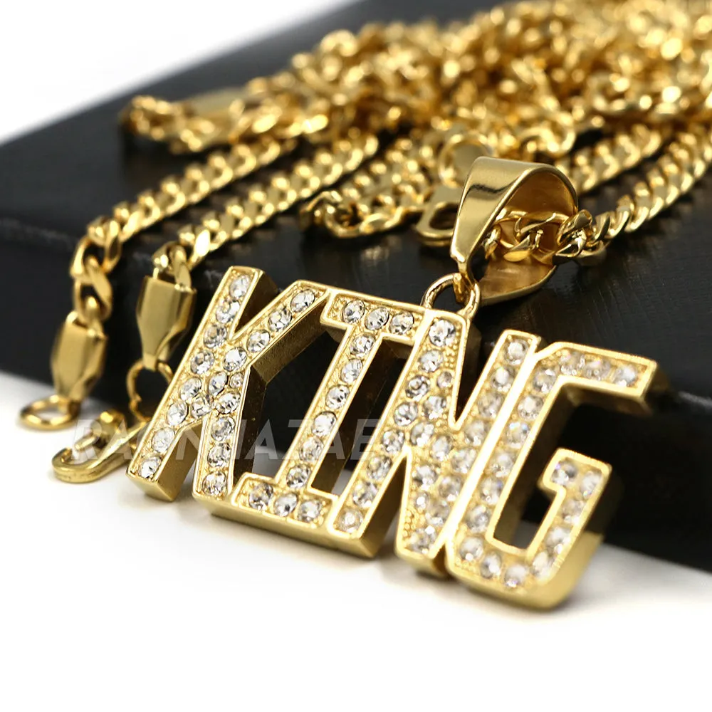 316L Stainless Blinged Out King Lettering Pendant w/ 4mm Miami Cuba Chain