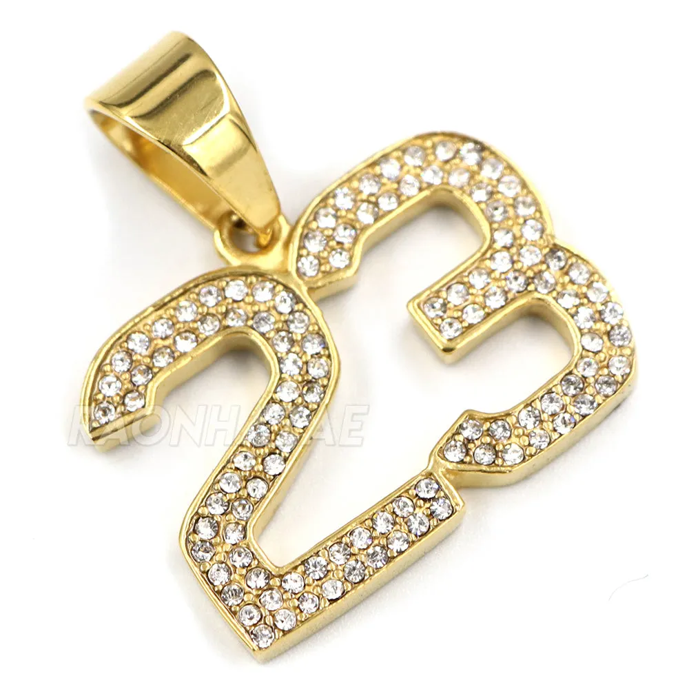 316L Stainless Blinged Out Number 23 Charm Pendant w/ 4mm Miami Cuban Chain