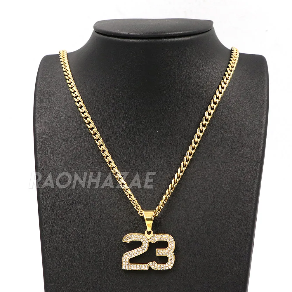 316L Stainless Blinged Out Number 23 Charm Pendant w/ 4mm Miami Cuban Chain