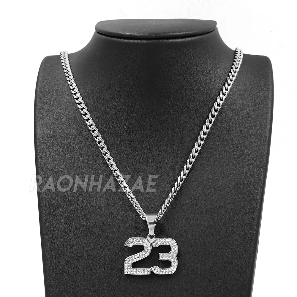 316L Stainless Blinged Out Number 23 Charm Pendant w/ 4mm Miami Cuban Chain