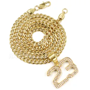 316L Stainless Blinged Out Number 23 Charm Pendant w/ 4mm Miami Cuban Chain
