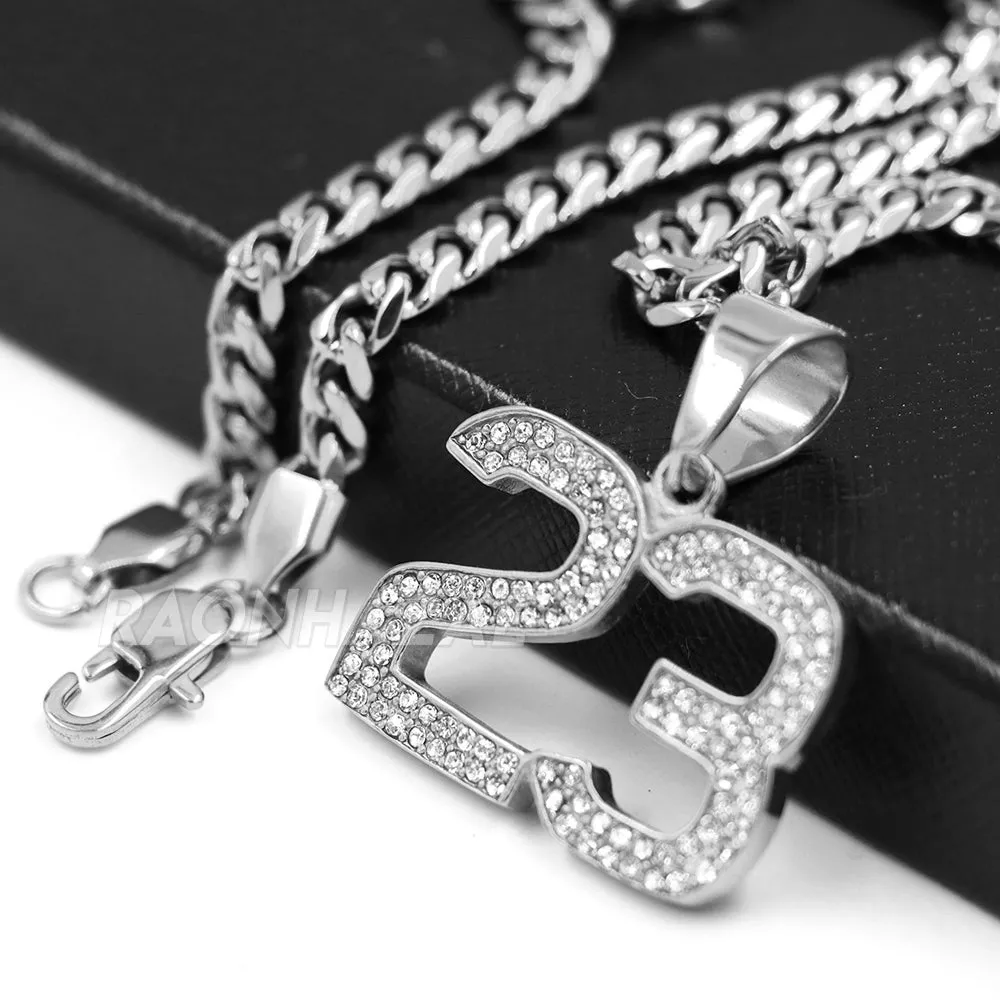 316L Stainless Blinged Out Number 23 Charm Pendant w/ 4mm Miami Cuban Chain