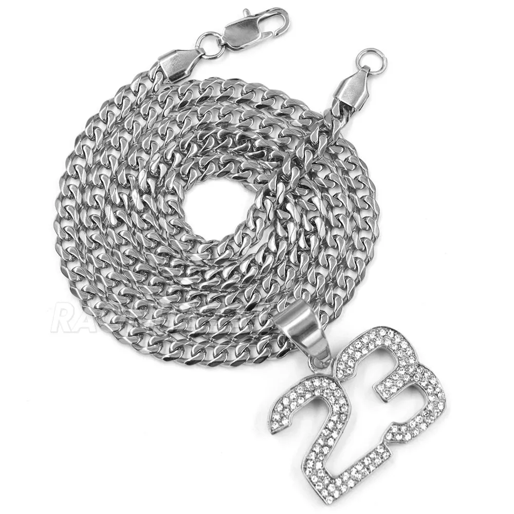 316L Stainless Blinged Out Number 23 Charm Pendant w/ 4mm Miami Cuban Chain