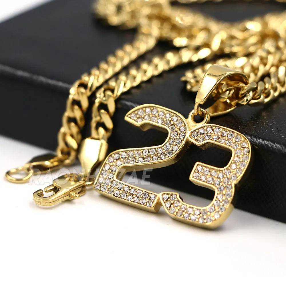 316L Stainless Blinged Out Number 23 Charm Pendant w/ 4mm Miami Cuban Chain