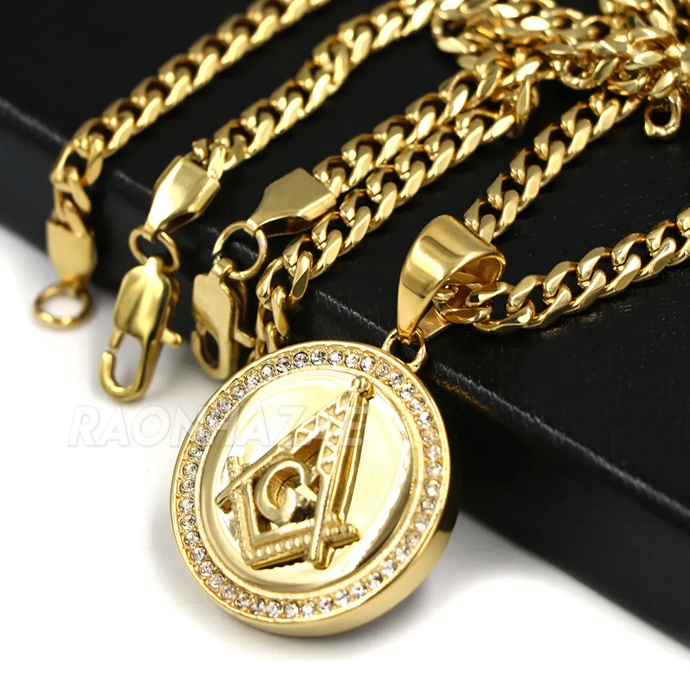316L Stainless Freemason Grand Master Compass Pendant w/ 4mm Miami Cuba Chain