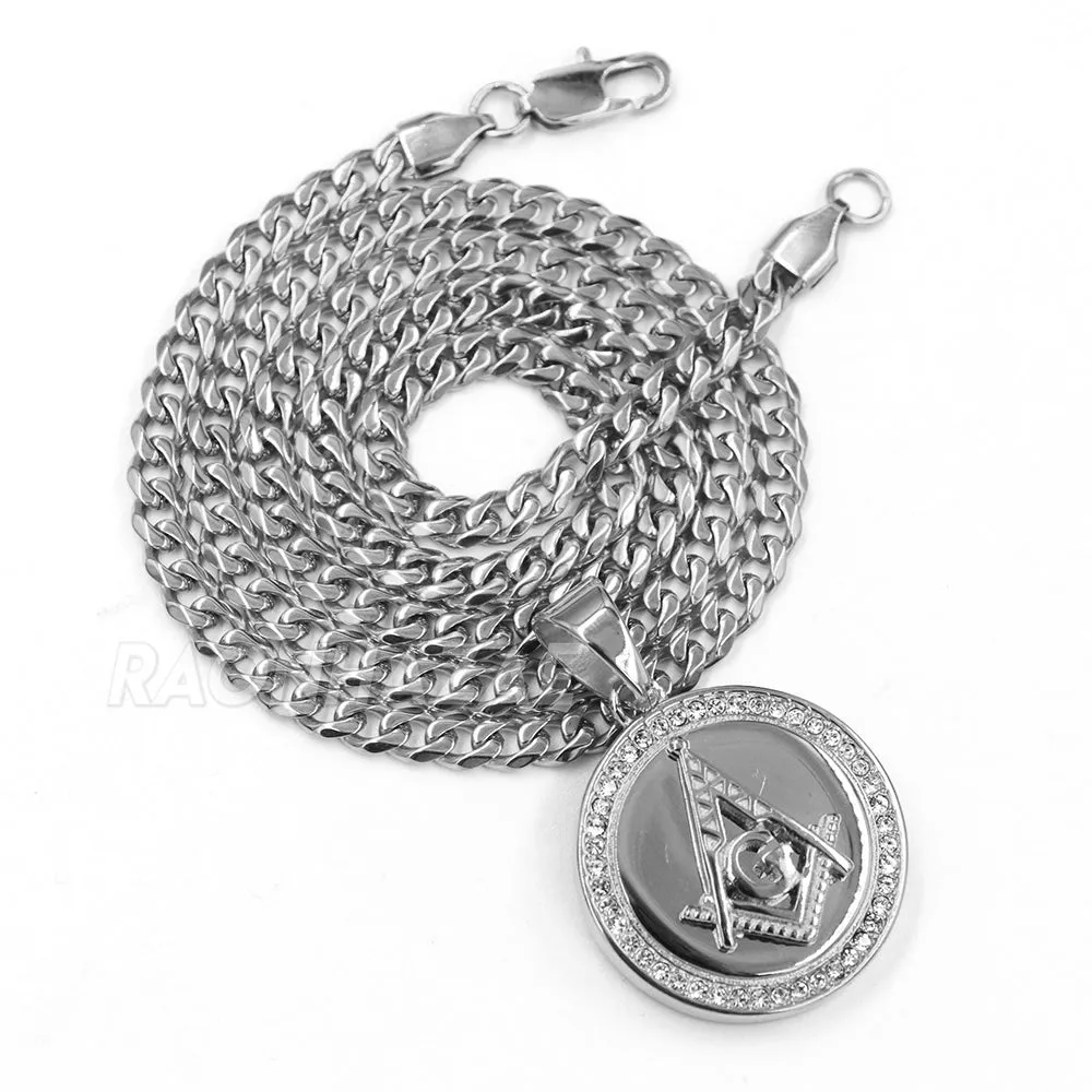 316L Stainless Freemason Grand Master Compass Pendant w/ 4mm Miami Cuba Chain