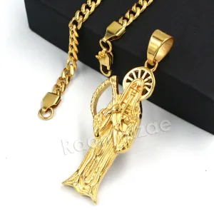 316L Stainless Steel Gold Hip Hop Santa Muerte Pendant w/ 4mm Miami Cuban Chain