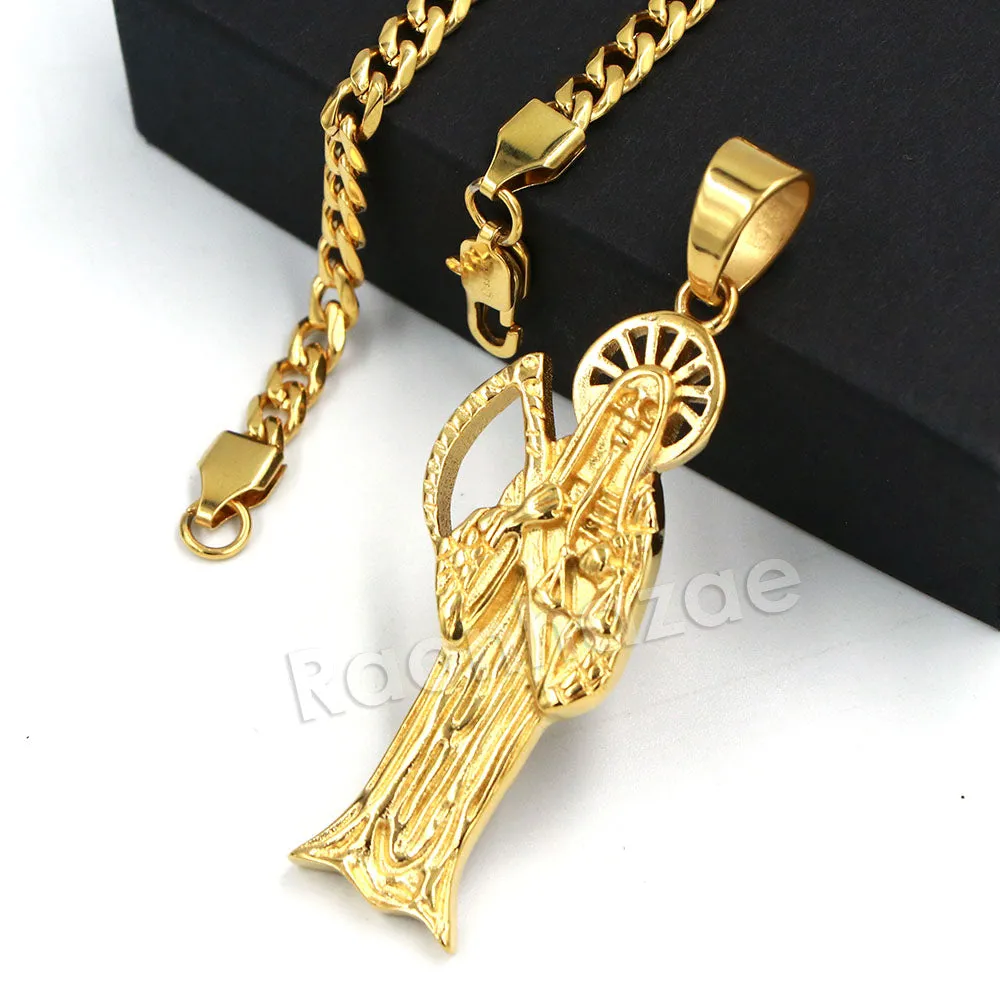 316L Stainless Steel Gold Hip Hop Santa Muerte Pendant w/ 4mm Miami Cuban Chain