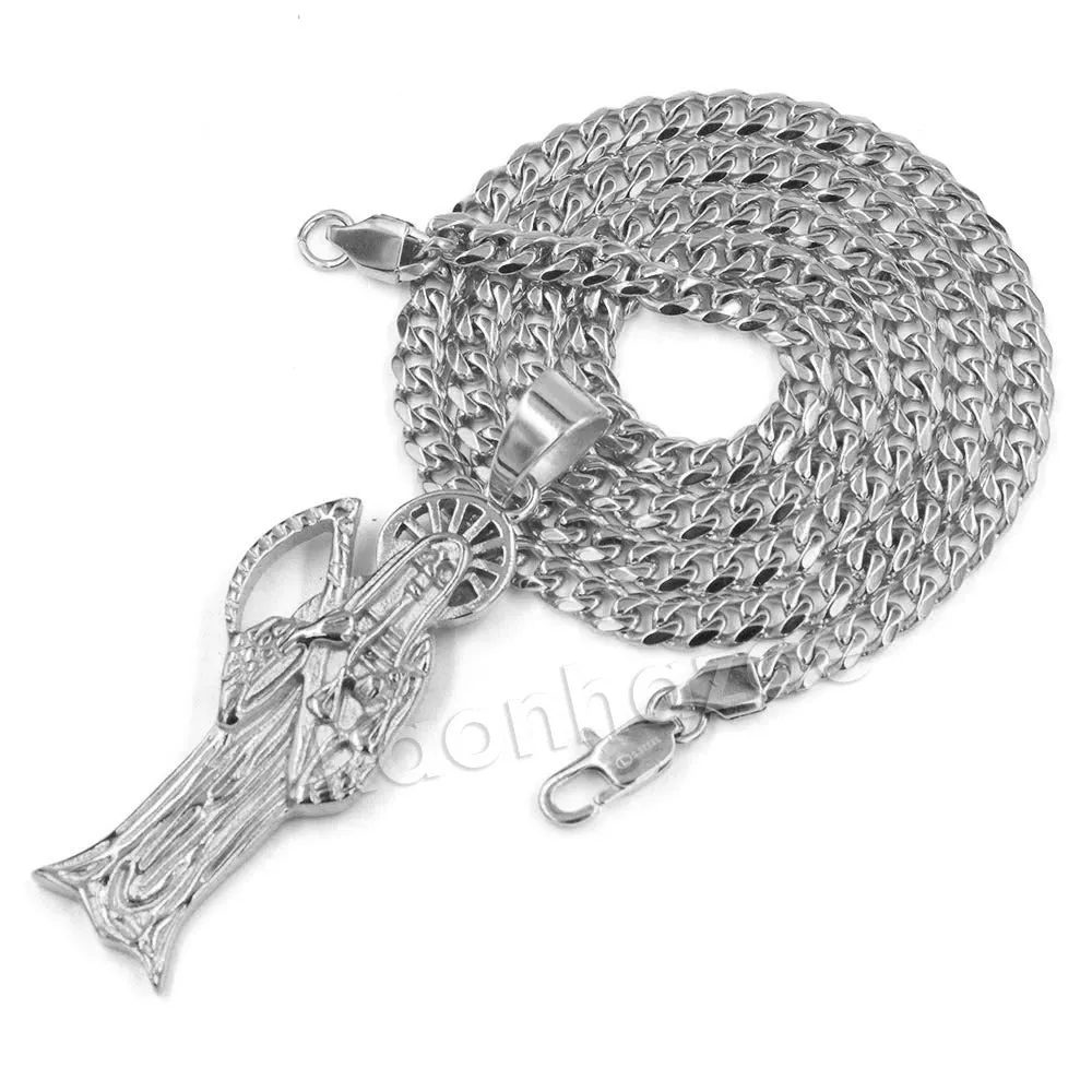 316L Stainless Steel Gold Hip Hop Santa Muerte Pendant w/ 4mm Miami Cuban Chain