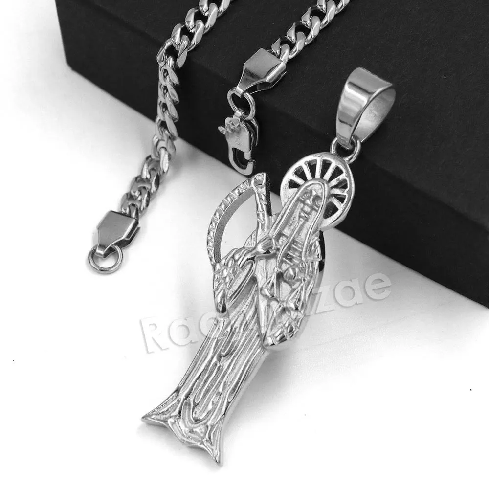 316L Stainless Steel Gold Hip Hop Santa Muerte Pendant w/ 4mm Miami Cuban Chain