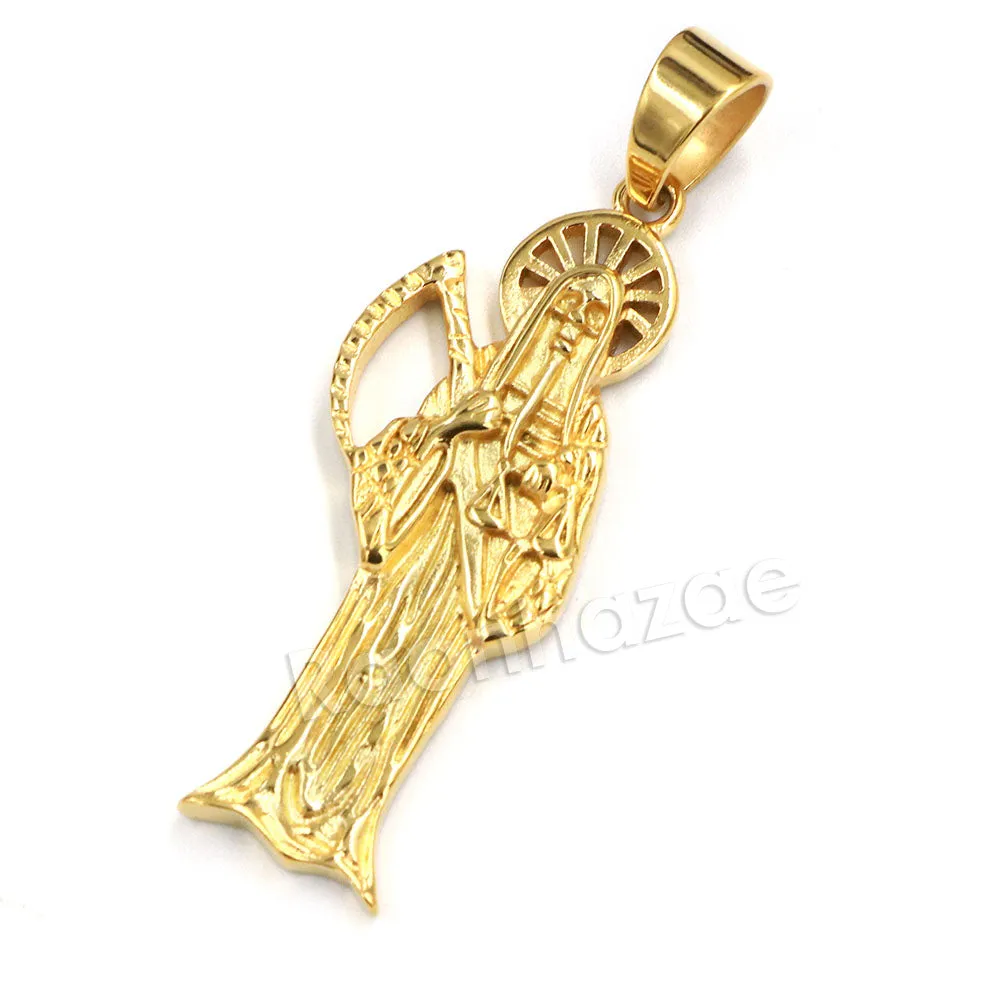 316L Stainless Steel Gold Hip Hop Santa Muerte Pendant w/ 4mm Miami Cuban Chain