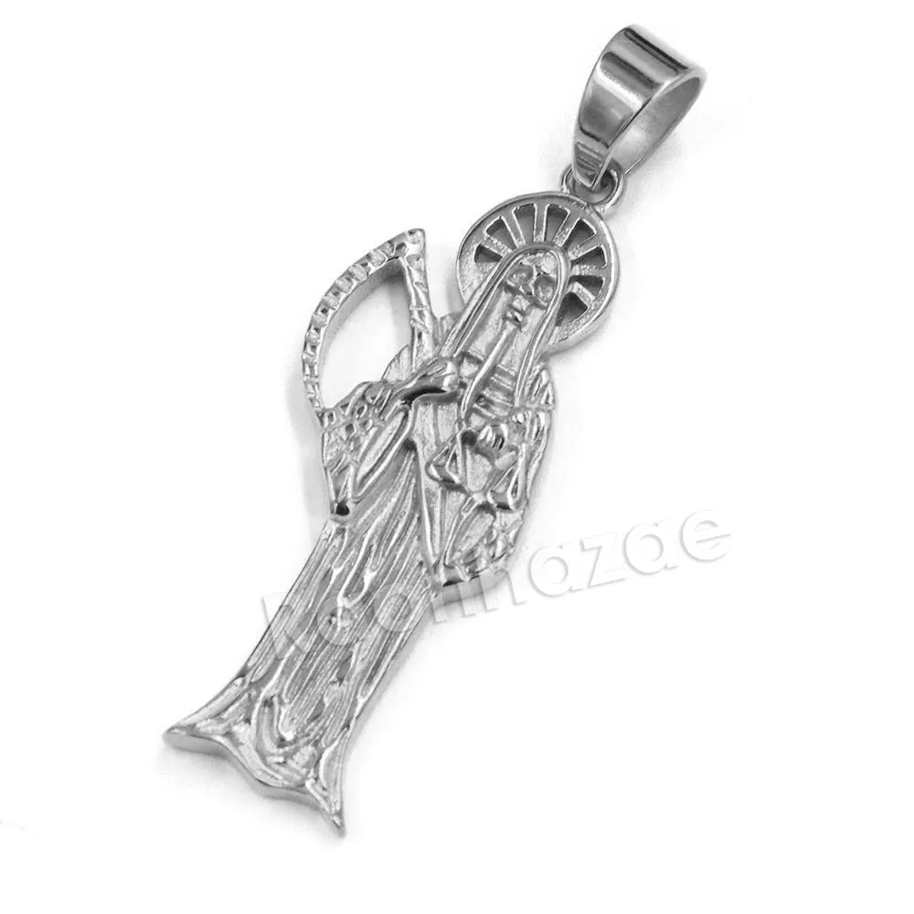 316L Stainless Steel Gold Hip Hop Santa Muerte Pendant w/ 4mm Miami Cuban Chain
