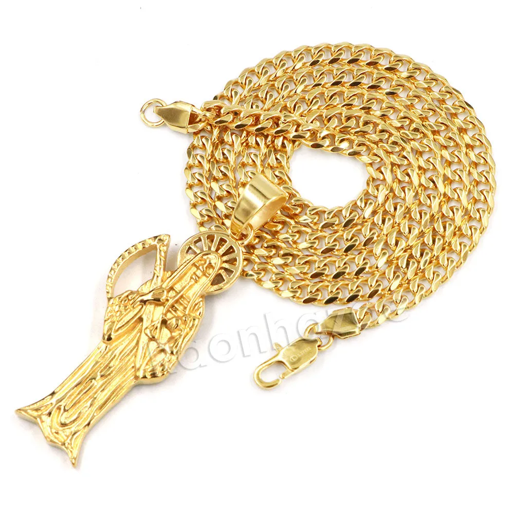 316L Stainless Steel Gold Hip Hop Santa Muerte Pendant w/ 4mm Miami Cuban Chain