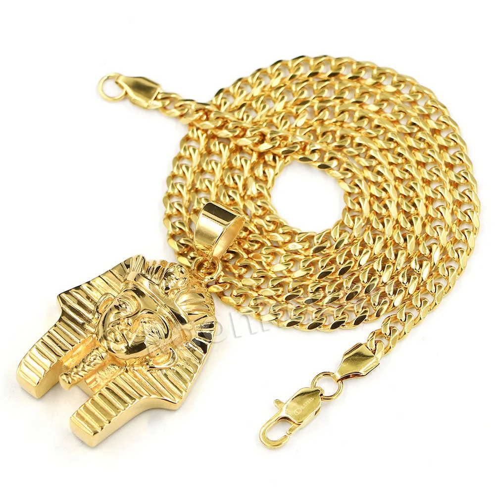 316L Stainless Steel King TUT Symbol Bliged Out Pendant w/ 4mm Miami Cuba Chain