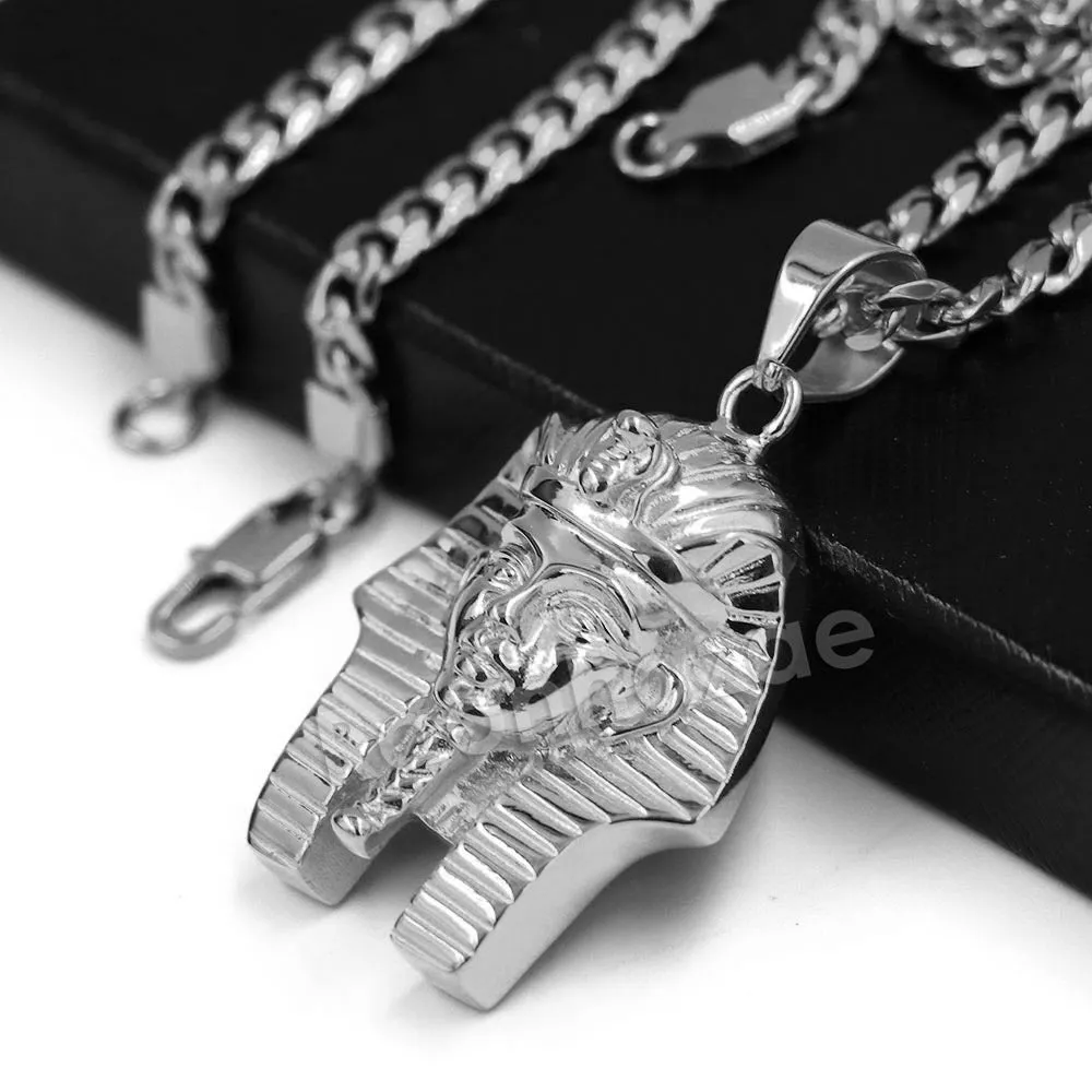 316L Stainless Steel King TUT Symbol Bliged Out Pendant w/ 4mm Miami Cuba Chain