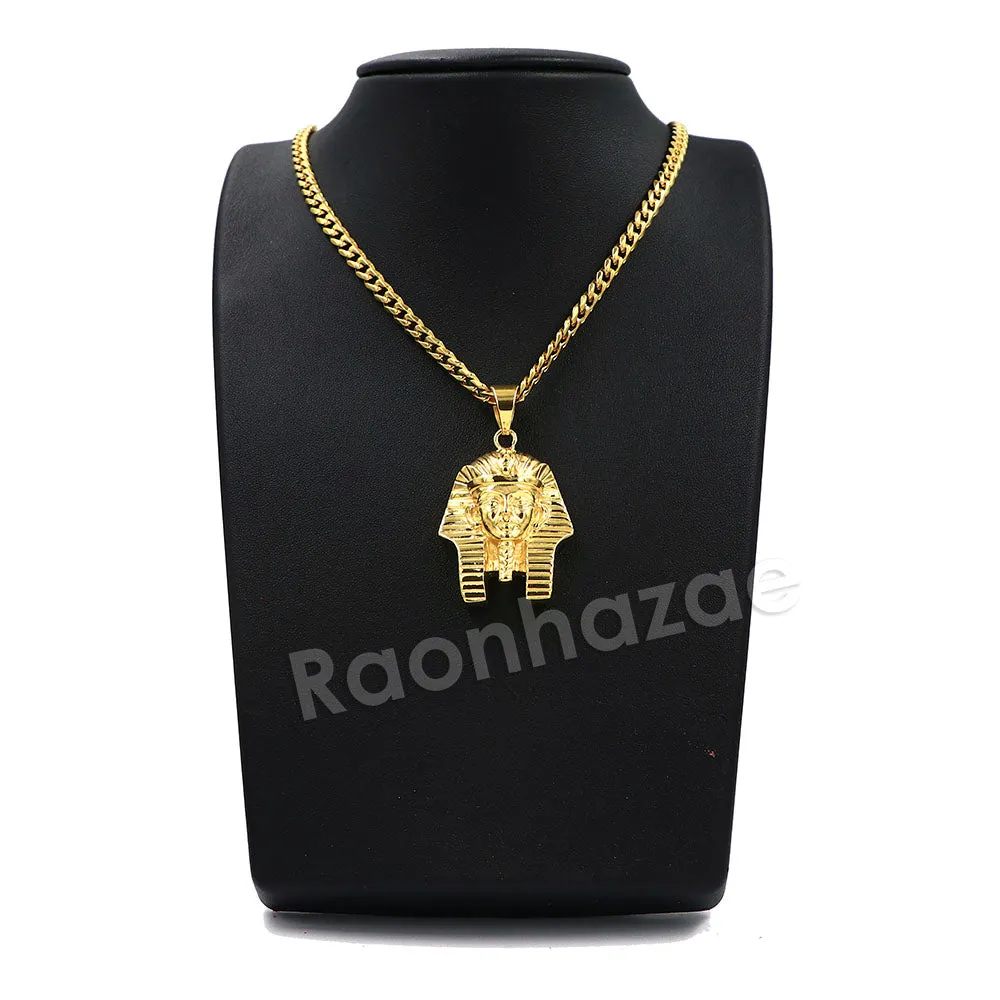 316L Stainless Steel King TUT Symbol Bliged Out Pendant w/ 4mm Miami Cuba Chain