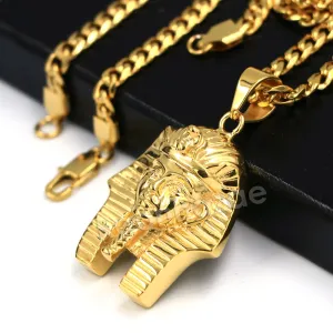 316L Stainless Steel King TUT Symbol Bliged Out Pendant w/ 4mm Miami Cuba Chain