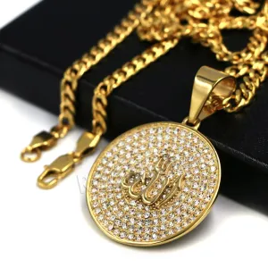 316L Stainless Steel Medallion Allah Blinged Out Pendant w 4mm Miami Cuban Chain