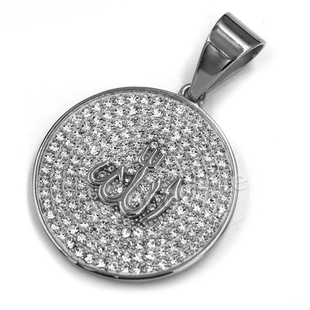 316L Stainless Steel Medallion Allah Blinged Out Pendant w 4mm Miami Cuban Chain