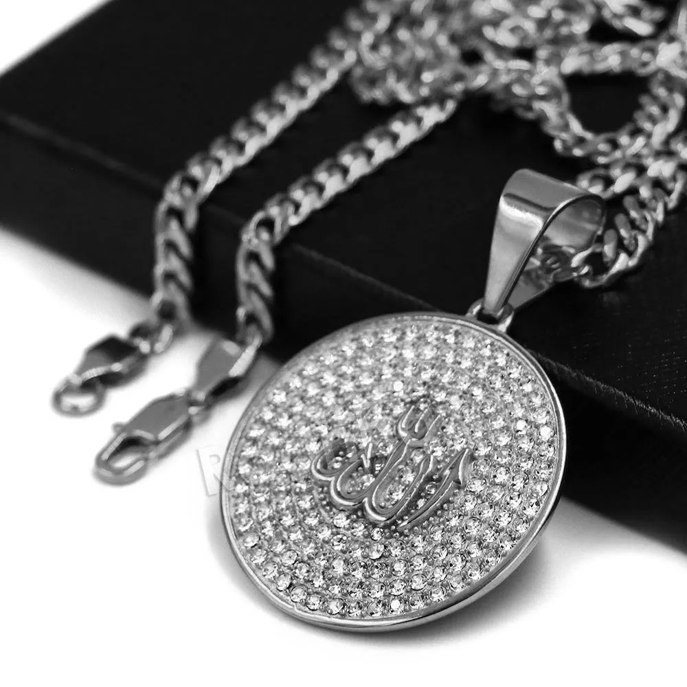316L Stainless Steel Medallion Allah Blinged Out Pendant w 4mm Miami Cuban Chain