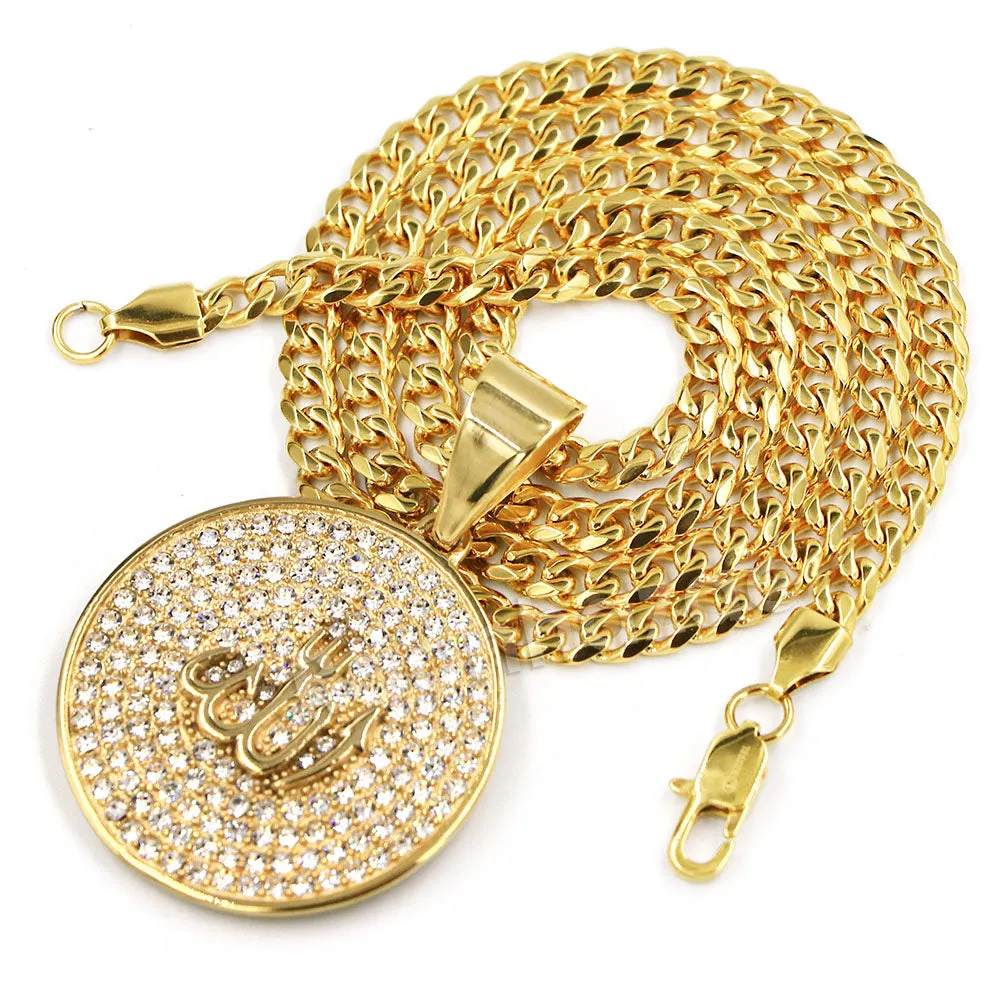 316L Stainless Steel Medallion Allah Blinged Out Pendant w 4mm Miami Cuban Chain