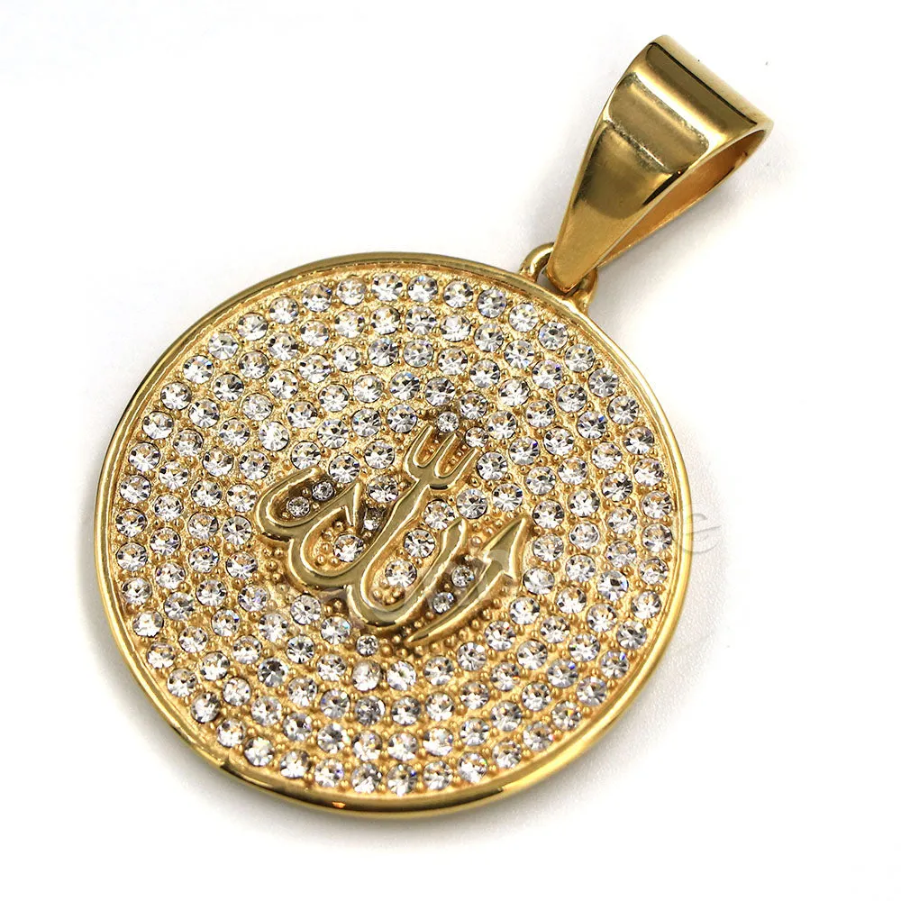 316L Stainless Steel Medallion Allah Blinged Out Pendant w 4mm Miami Cuban Chain