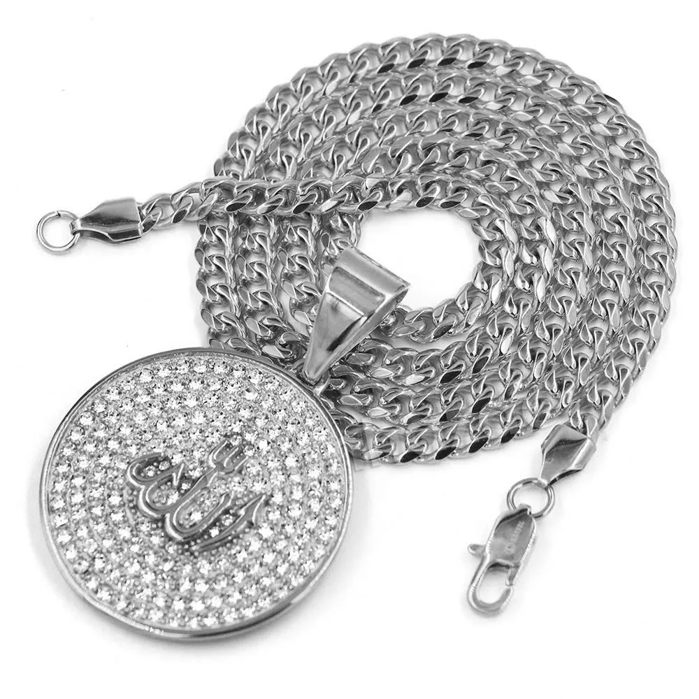 316L Stainless Steel Medallion Allah Blinged Out Pendant w 4mm Miami Cuban Chain