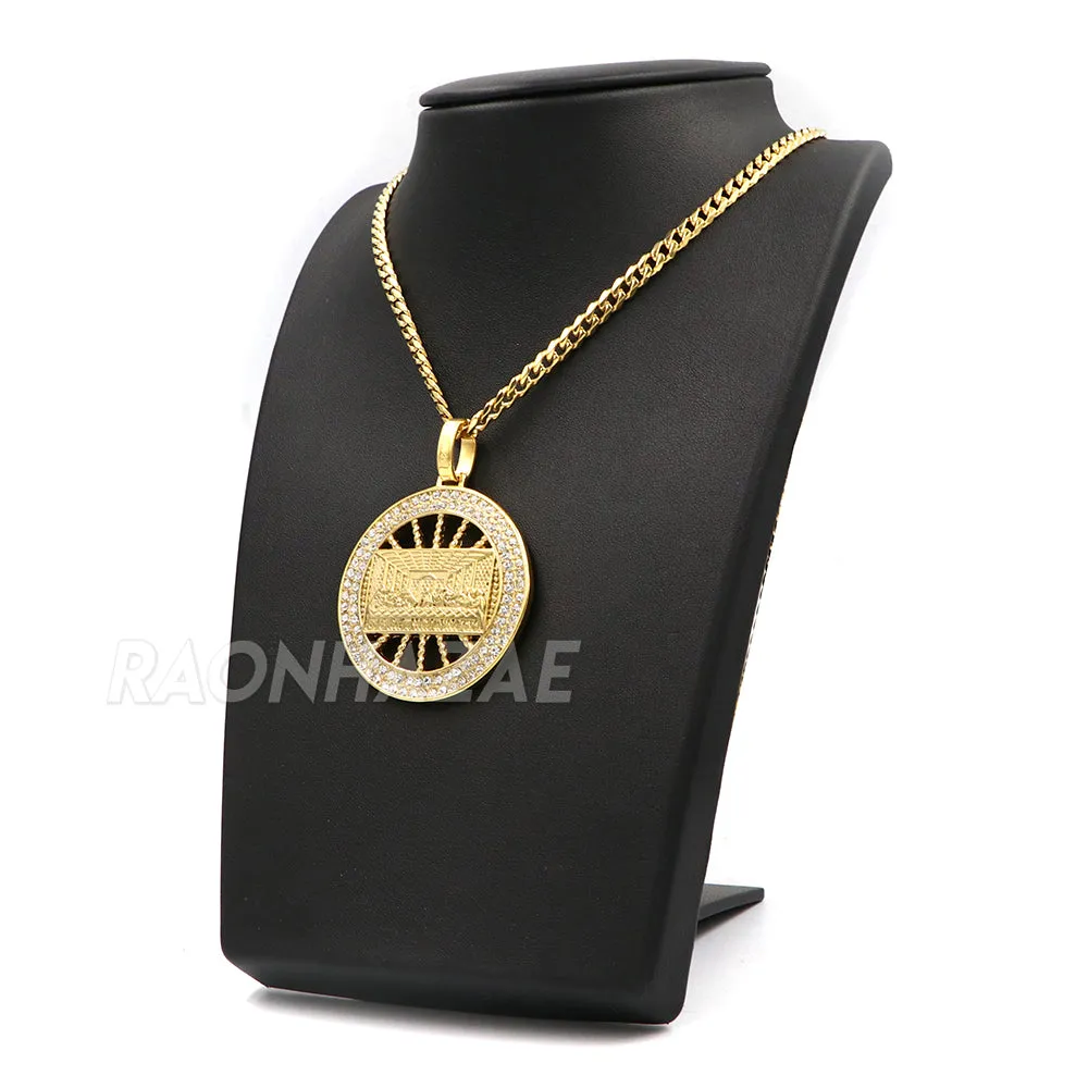 316L Stainless Steel Medallion Last Supper Christ Pendant w/4mm Miami Cuba Chain