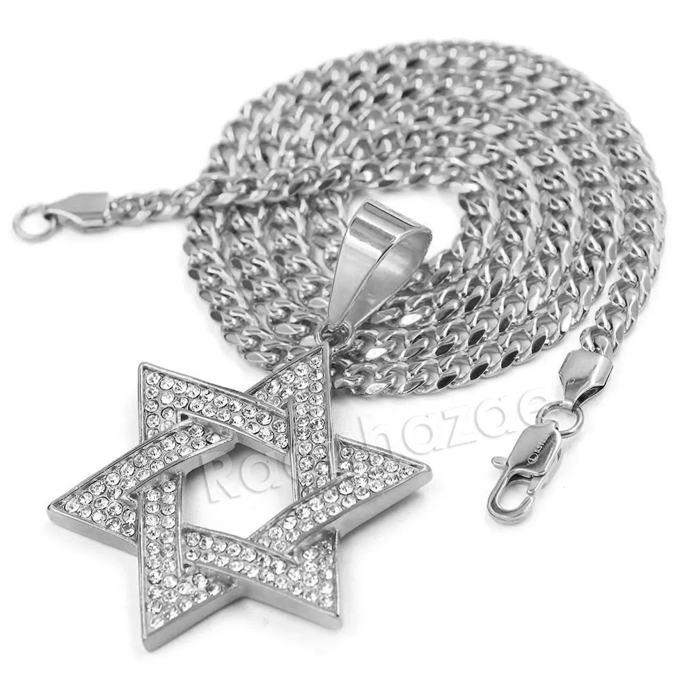 316L Stainless Steel Star of David Blinged Out Pendant w/ 4mm Miami Cuban Chain (Gold and Silver)