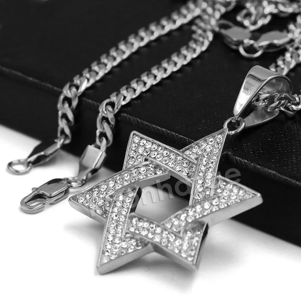 316L Stainless Steel Star of David Blinged Out Pendant w/ 4mm Miami Cuban Chain (Gold and Silver)