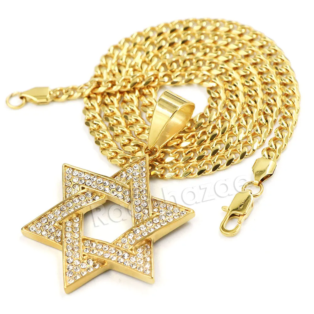 316L Stainless Steel Star of David Blinged Out Pendant w/ 4mm Miami Cuban Chain (Gold and Silver)