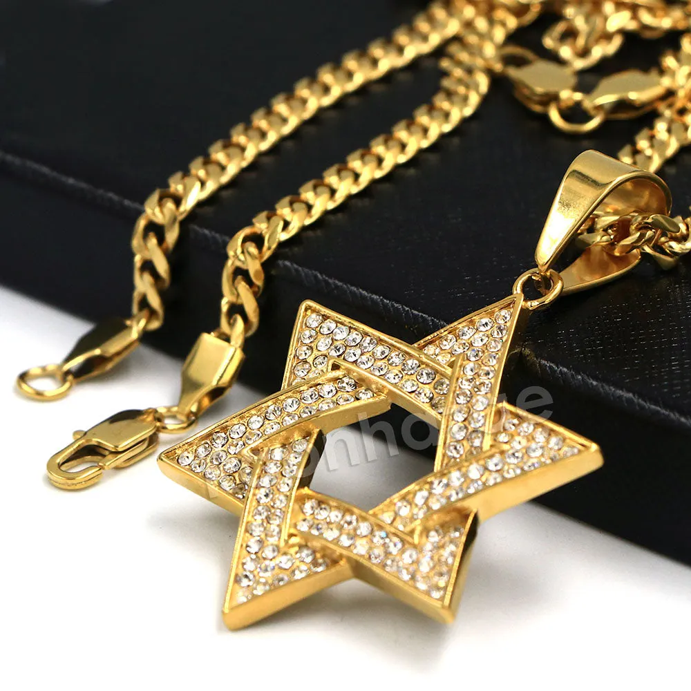 316L Stainless Steel Star of David Blinged Out Pendant w/ 4mm Miami Cuban Chain (Gold and Silver)