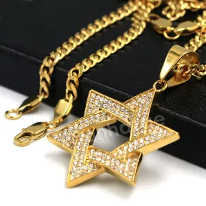 316L Stainless Steel Star of David Blinged Out Pendant w/ 4mm Miami Cuban Chain (Gold and Silver)