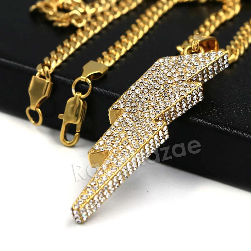 316L Stainless Steel Thunder Lightning Iced Pendant w/ 4mm Miami Cuban Chain