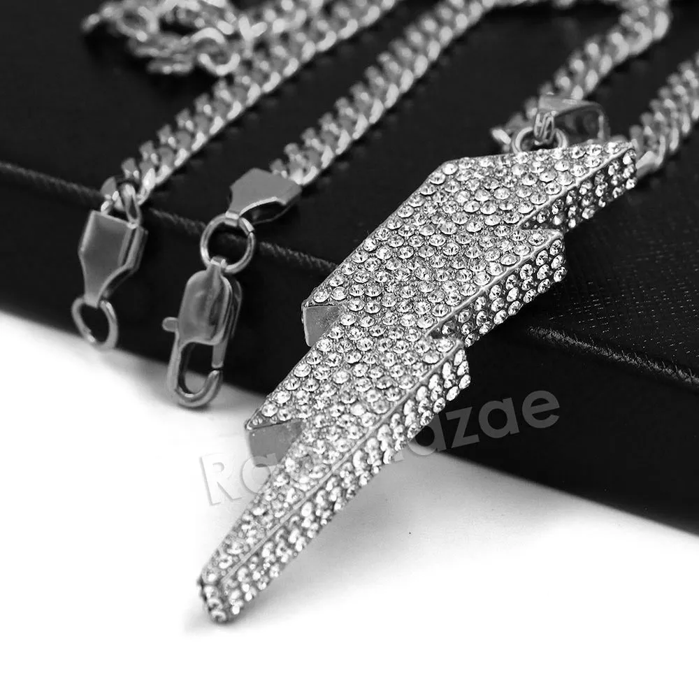 316L Stainless Steel Thunder Lightning Iced Pendant w/ 4mm Miami Cuban Chain