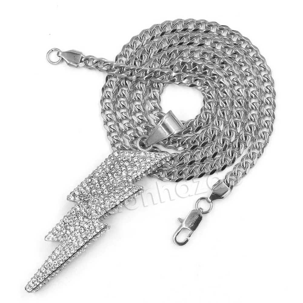 316L Stainless Steel Thunder Lightning Iced Pendant w/ 4mm Miami Cuban Chain