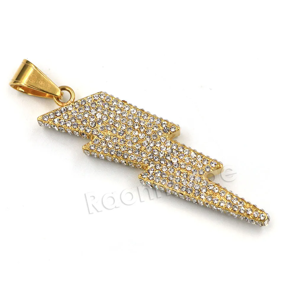 316L Stainless Steel Thunder Lightning Iced Pendant w/ 4mm Miami Cuban Chain